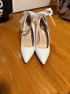 White Pointed Pearl Ankle Tie Heels